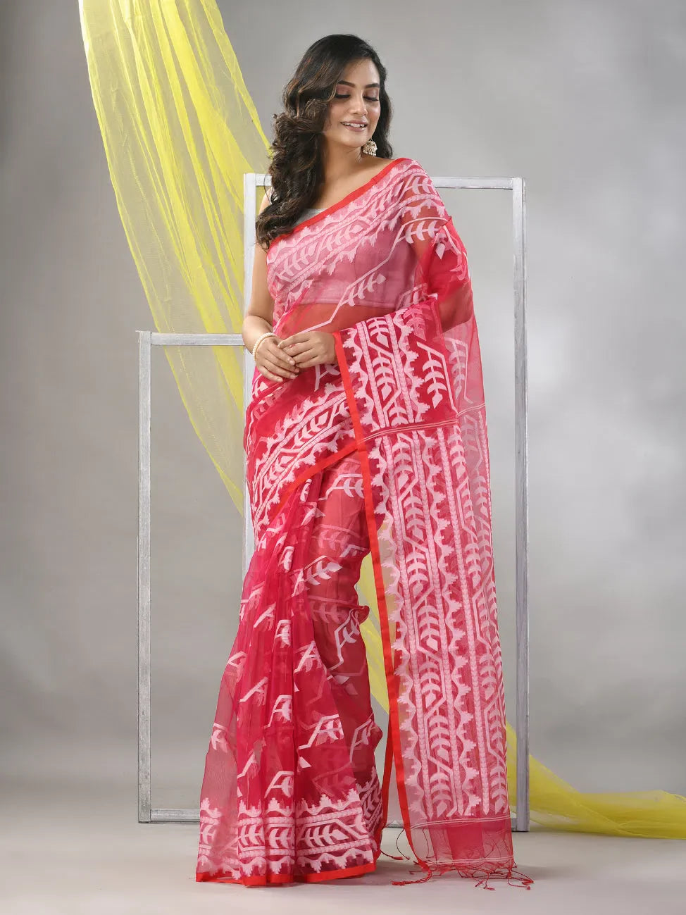 Fuchsia Muslin Saree With Jamdani Designs-MA57MS331540002