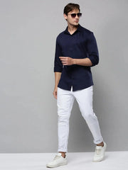 Men Navy Solid Casual Shirt-SAATVIKKNITS-4445-Navyblue