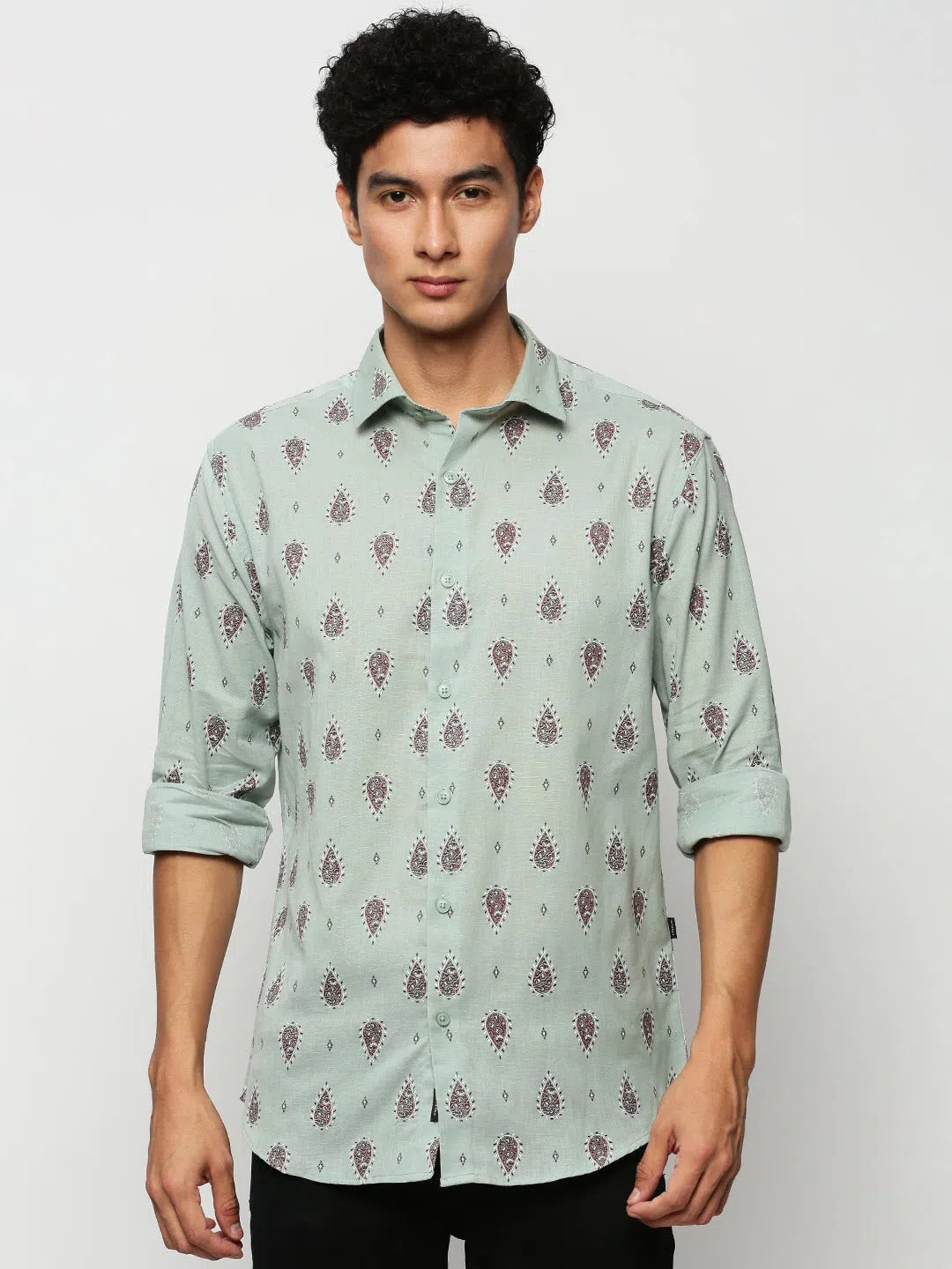 Green Ethnic Printed Mens Shirt - Cotton Casual | DesiQlo