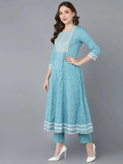 Women Blue Rayon Blend Embroidered Anarkali Kurta Pant Set With Dupatta