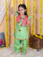 Girls Jacquard attached Jacket Silk Kurti Salwar Suit - Green