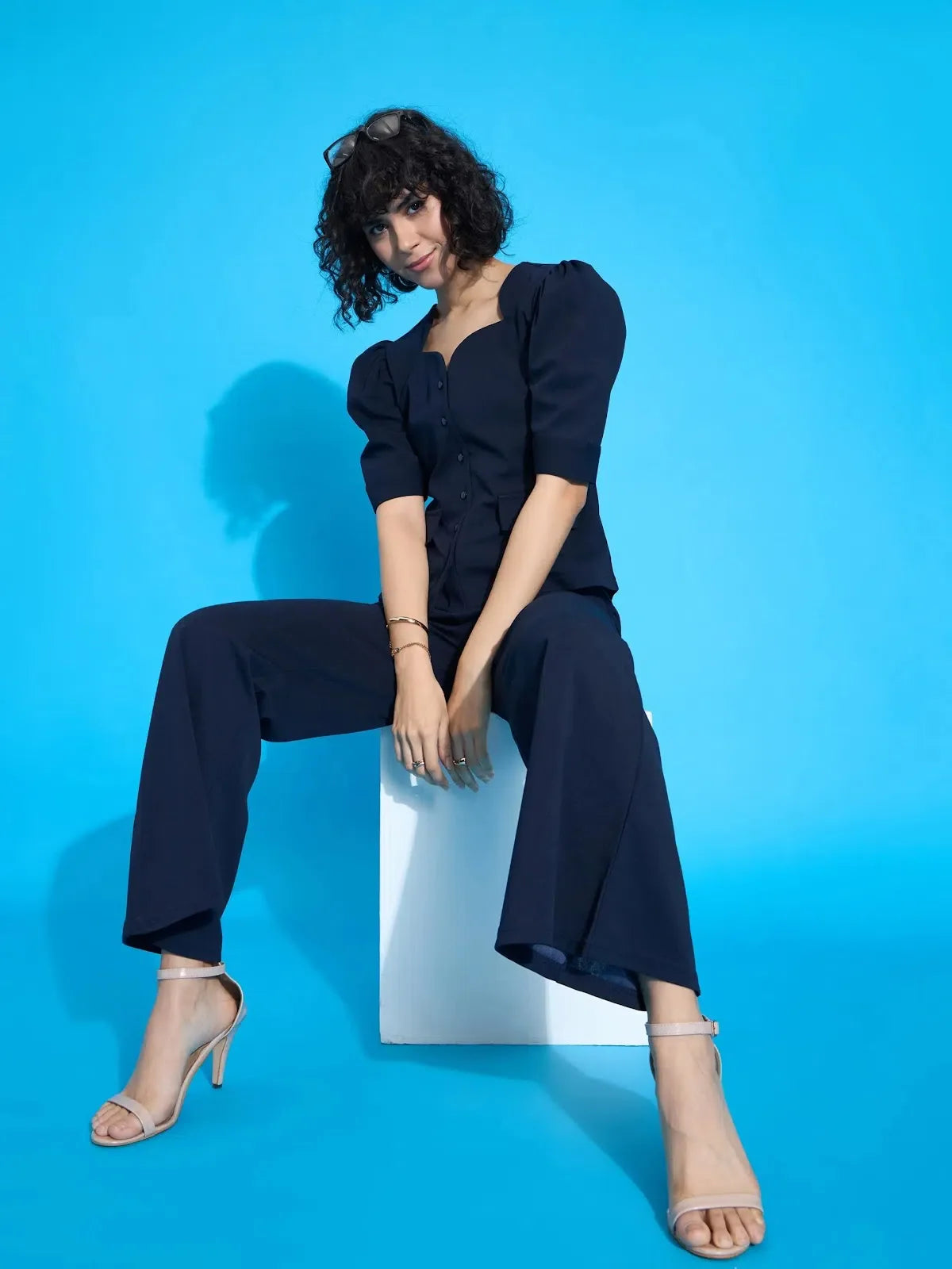 Navy & Black Puff Sleeve Co Ord Sets Women - Bell Bottoms