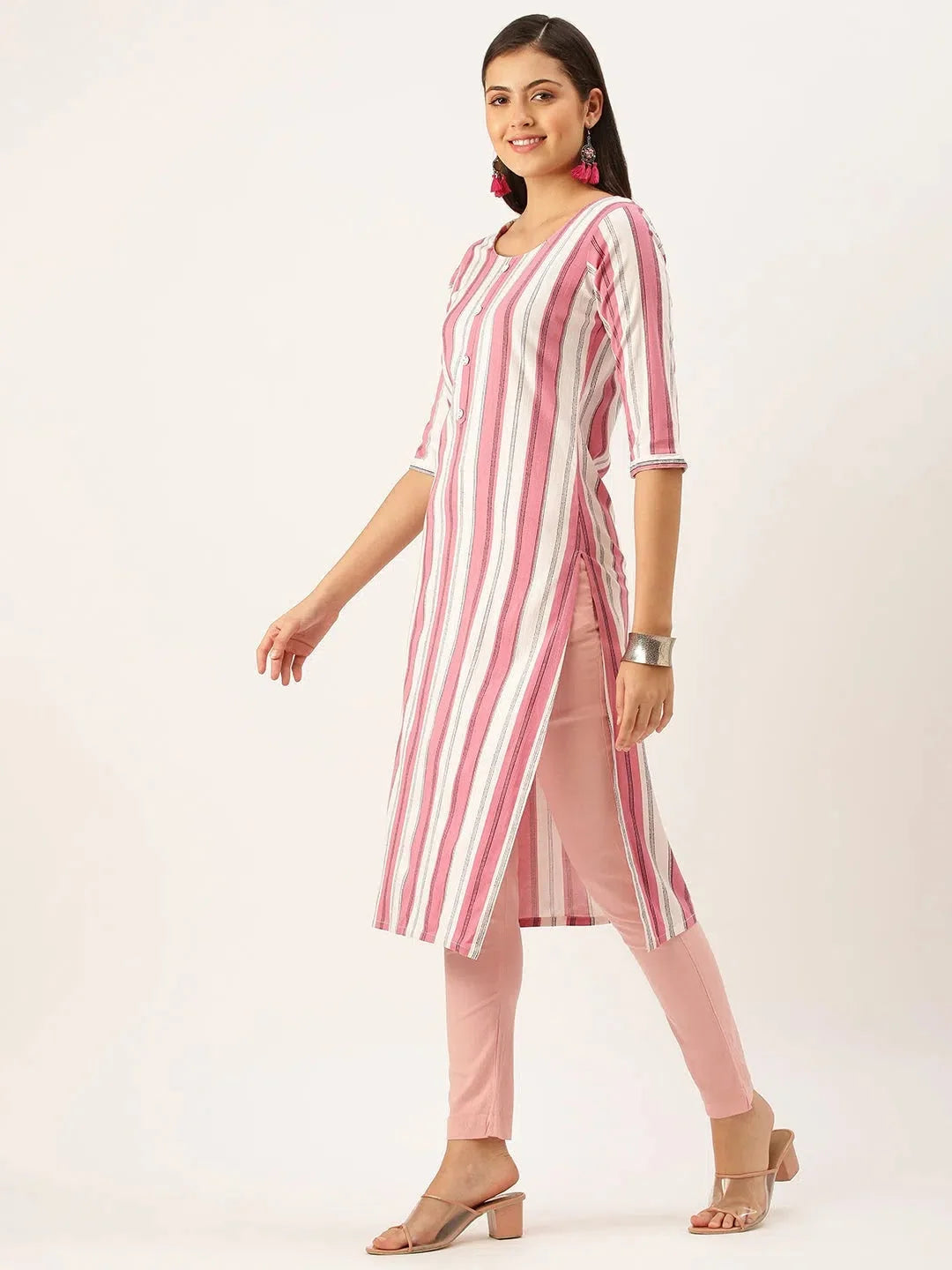 Pink Striped Cotton Indian Kurta for Ladies | DesiQlo