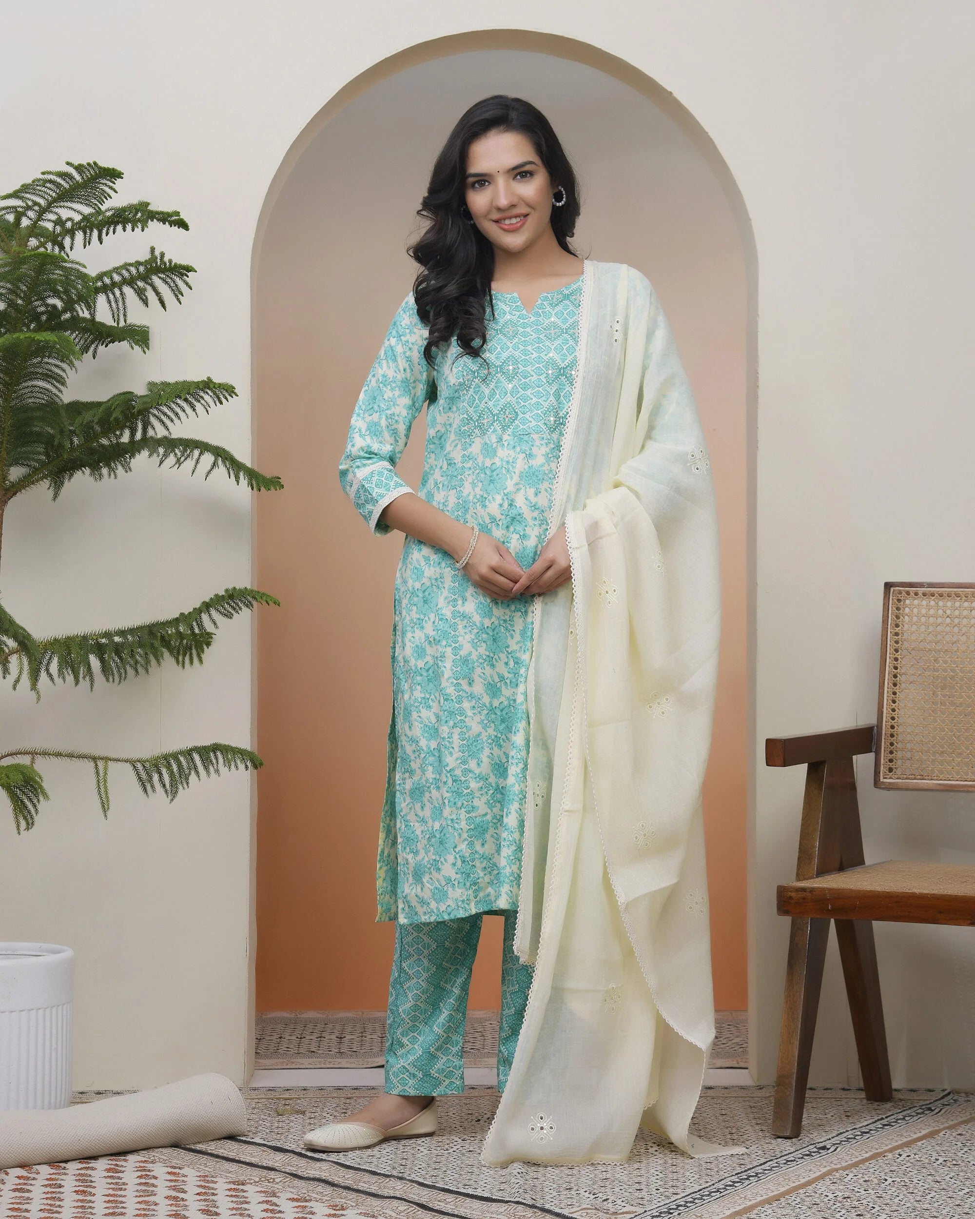 Women Aqua marine Cotton kurta with cotton pant & dupatta
