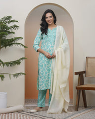 Women Aqua marine Cotton kurta with cotton pant & dupatta-191VAASTURQUOISE