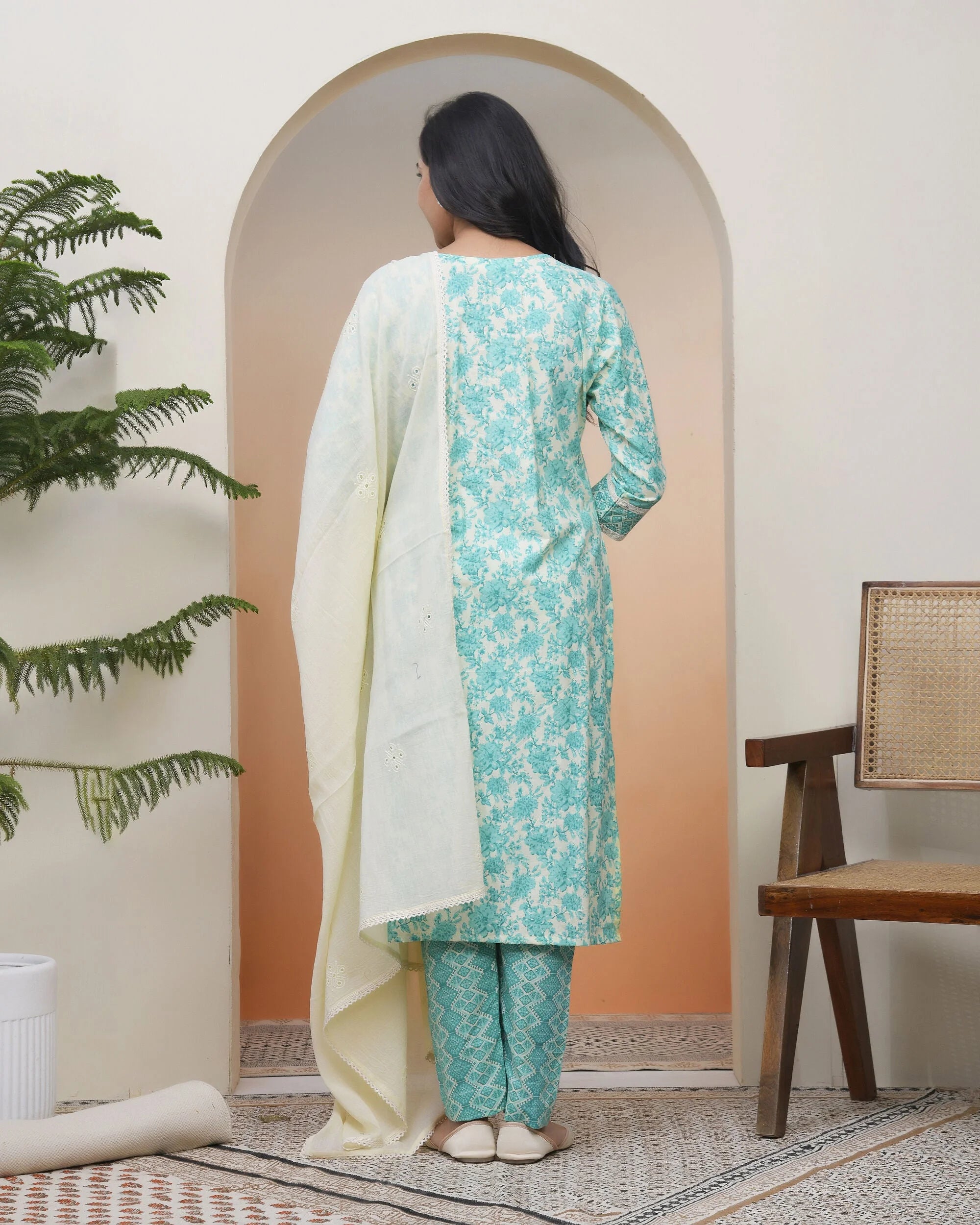 Women Aqua marine Cotton kurta with cotton pant & dupatta