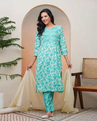 Women Aqua marine Cotton kurta with cotton pant & dupatta-191VAASTURQUOISE