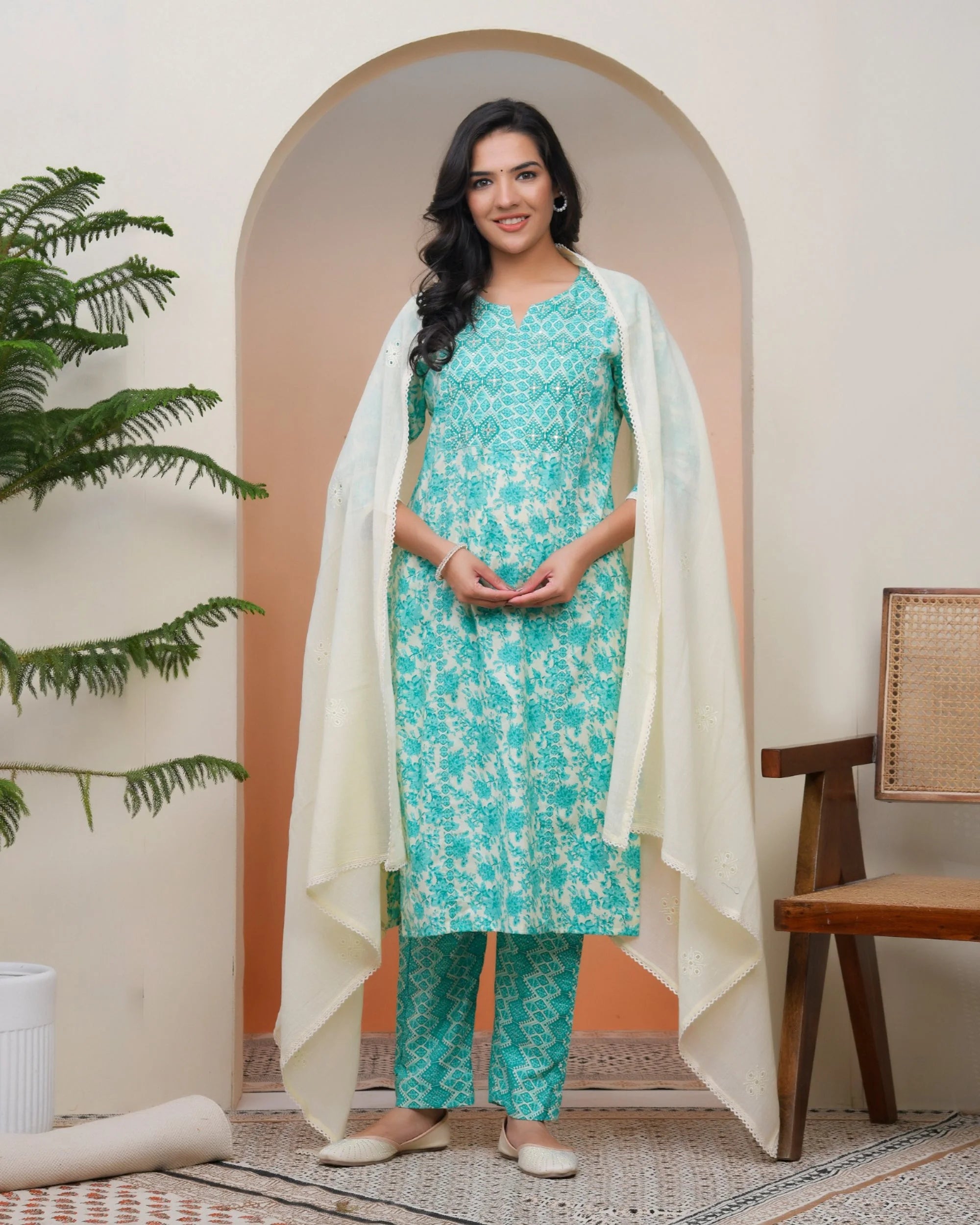 Women Aqua marine Cotton kurta with cotton pant & dupatta