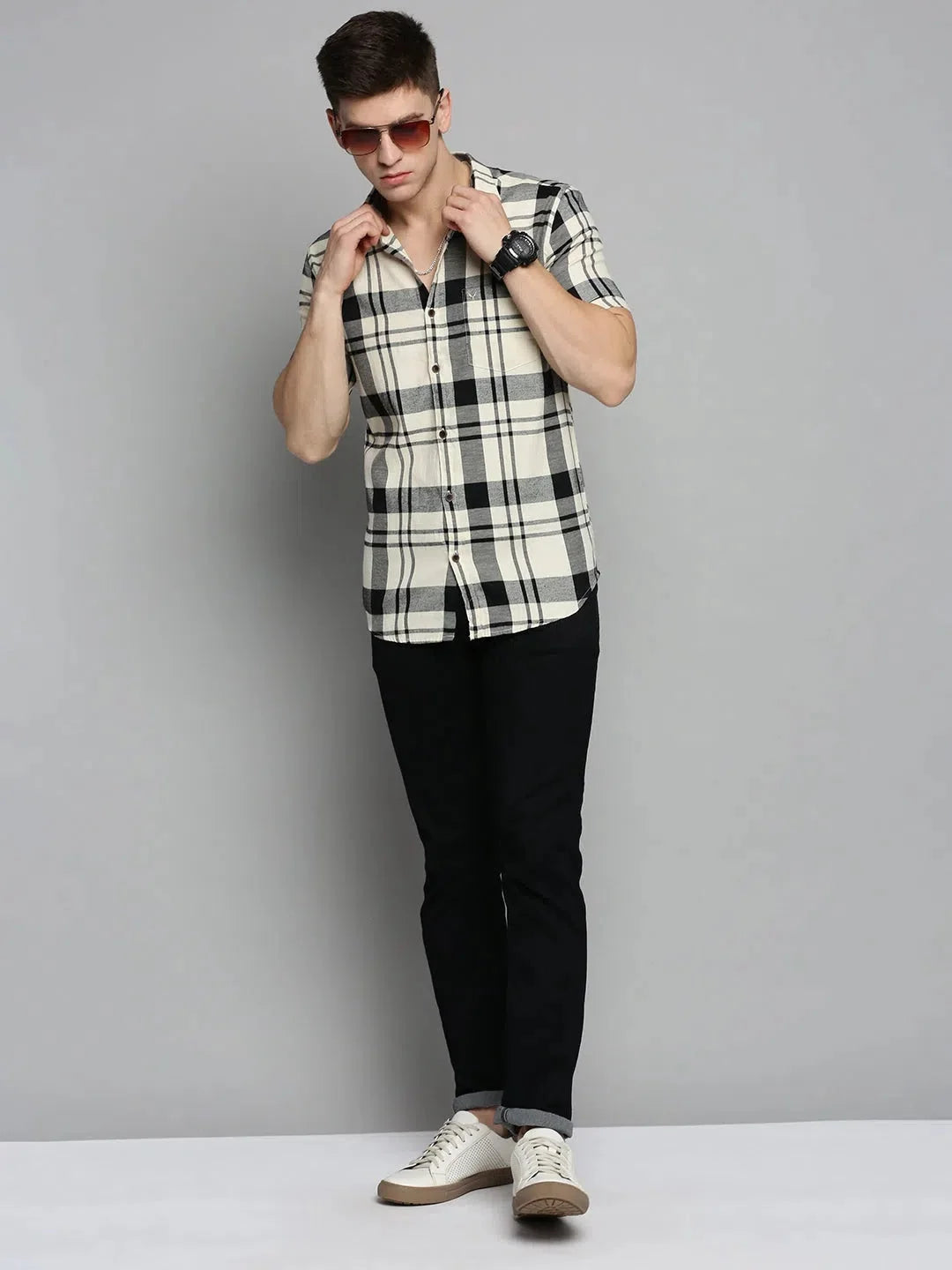 Cream Checked Mens Shirt - Soft Cotton Casual Shirt Online