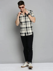 Men Beige Checked Casual Shirt-NICKCHECKSTWILL-1904-Cream