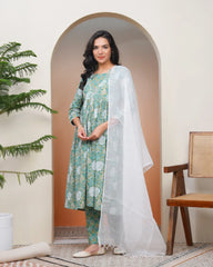 Women Ferozi Cotton kurta with cotton pant & dupatta-192VAASFEROZI