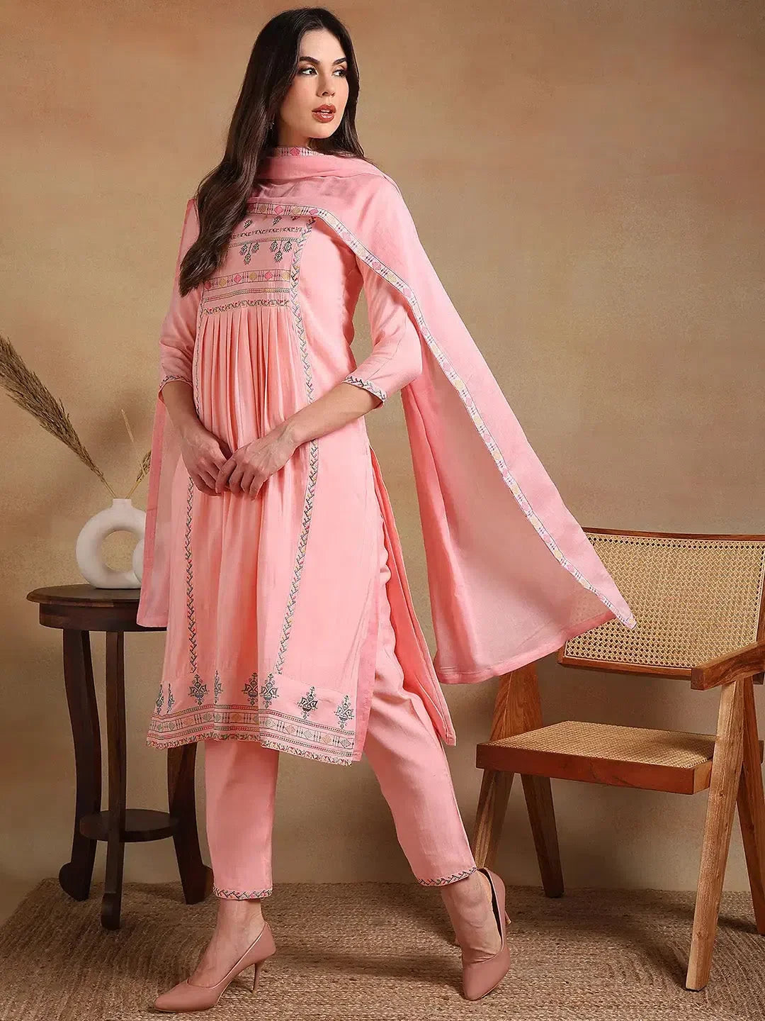 Pink Rayon Women's Kurta Set | Embroidered Indian Kurta Sets