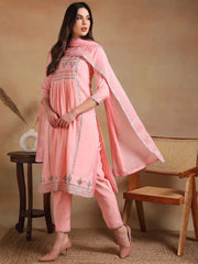 Women Pink Rayon Embroidered A-Line Kurta Pant Set
