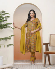 Women Mustard Cotton angrakha kurta with cotton pant & dupatta-193VAASMUSTARD