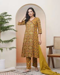 Women Mustard Cotton angrakha kurta with cotton pant & dupatta-193VAASMUSTARD