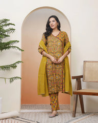 Women Mustard Cotton angrakha kurta with cotton pant & dupatta-193VAASMUSTARD