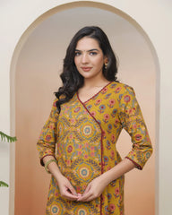 Women Mustard Cotton angrakha kurta with cotton pant & dupatta-193VAASMUSTARD