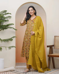 Women Mustard Cotton angrakha kurta with cotton pant & dupatta-193VAASMUSTARD