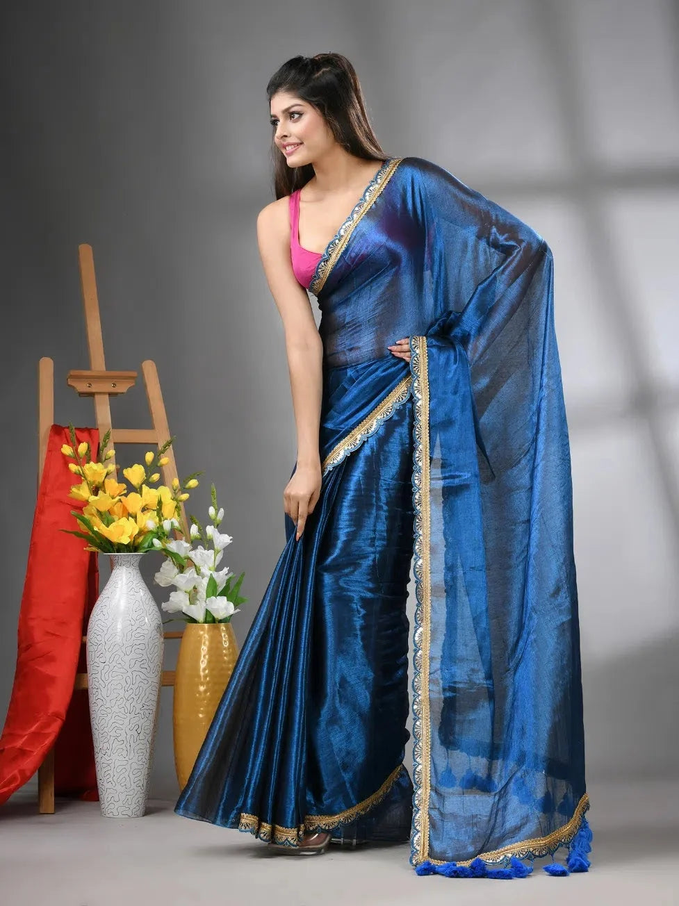 Sapphire Blue Shimmer Cotton Saree | Designer Sarees India