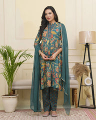 Women Dark Sea Cotton gathered kurta with cotton pant & dupatta-194VAASDARKSEA