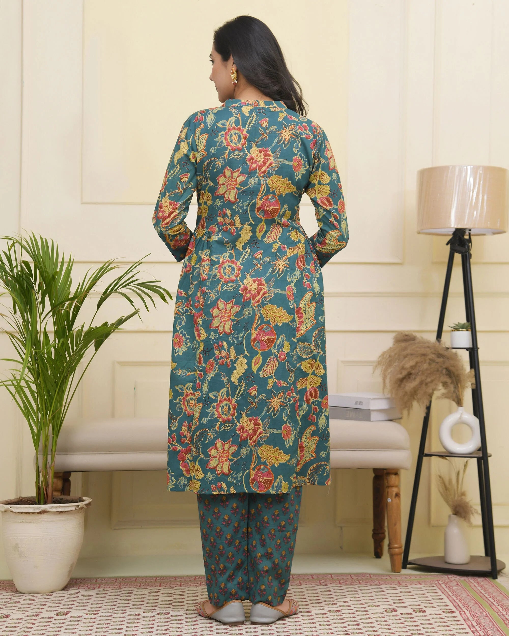 Women Dark Sea Cotton gathered kurta with cotton pant & dupatta
