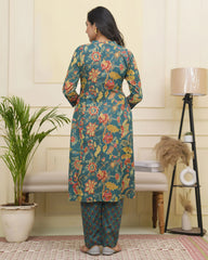 Women Dark Sea Cotton gathered kurta with cotton pant & dupatta-194VAASDARKSEA