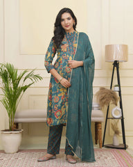 Women Dark Sea Cotton gathered kurta with cotton pant & dupatta-194VAASDARKSEA