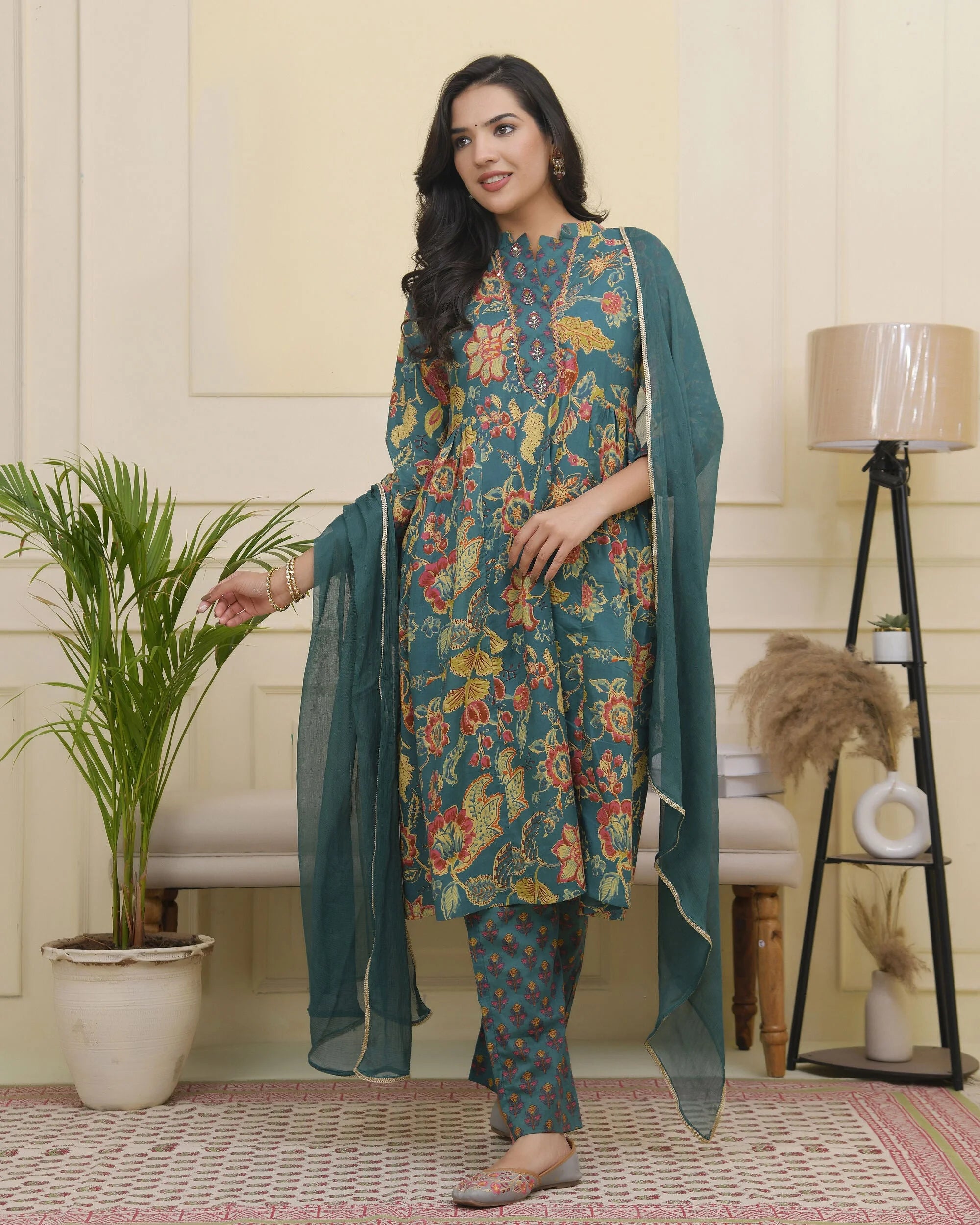 Women Dark Sea Cotton gathered kurta with cotton pant & dupatta