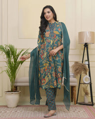 Women Dark Sea Cotton gathered kurta with cotton pant & dupatta-194VAASDARKSEA