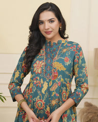 Women Dark Sea Cotton gathered kurta with cotton pant & dupatta-194VAASDARKSEA