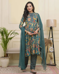 Women Dark Sea Cotton gathered kurta with cotton pant & dupatta-194VAASDARKSEA