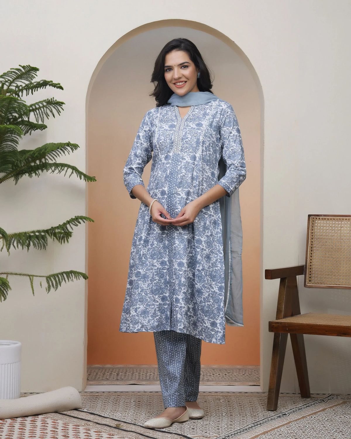 Women Grey panel kurta with cotton pant & dupatta-195VAASGREY