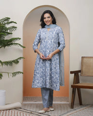 Women Grey panel kurta with cotton pant & dupatta-195VAASGREY