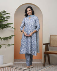 Women Grey panel kurta with cotton pant & dupatta-195VAASGREY