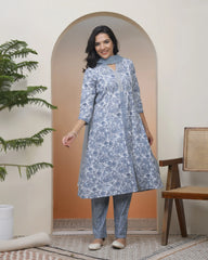 Women Grey panel kurta with cotton pant & dupatta-195VAASGREY