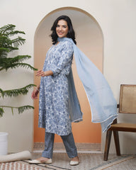 Women Grey panel kurta with cotton pant & dupatta-195VAASGREY
