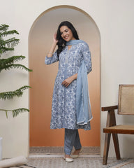 Women Grey panel kurta with cotton pant & dupatta-195VAASGREY