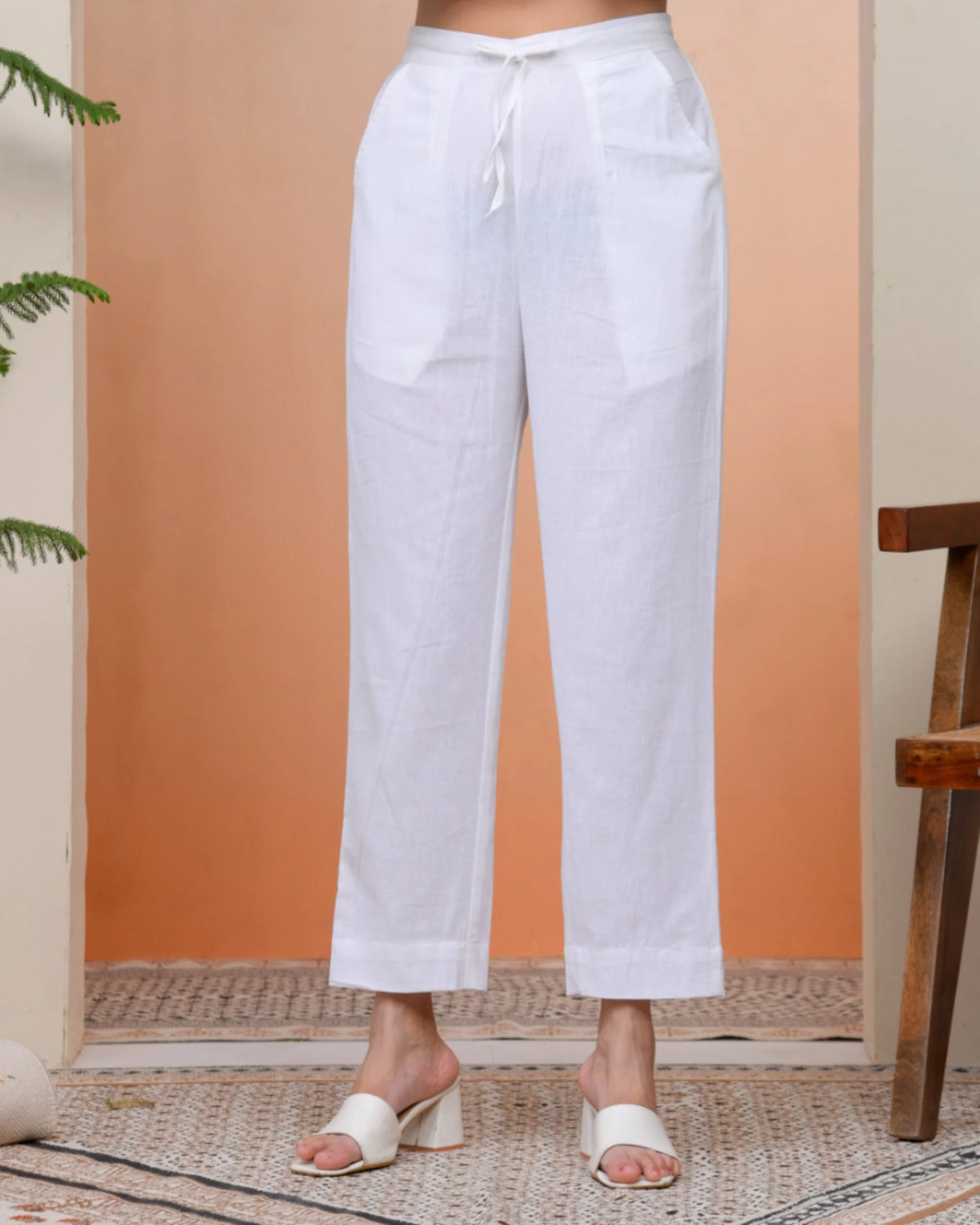 Women Whitel Cotton Flax Solid Straight Pants-196VAASWHITE