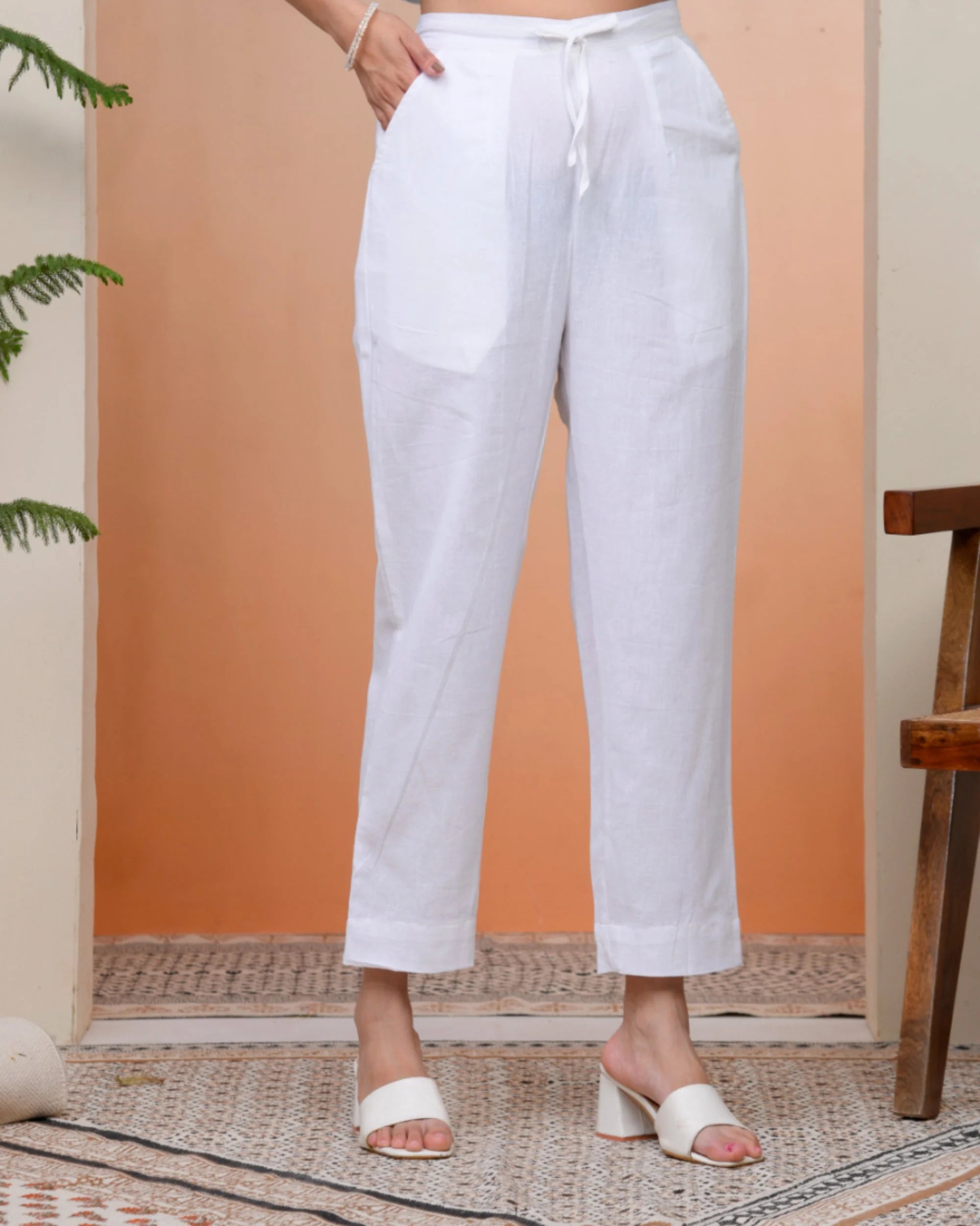 Women Whitel Cotton Flax Solid Straight Pants