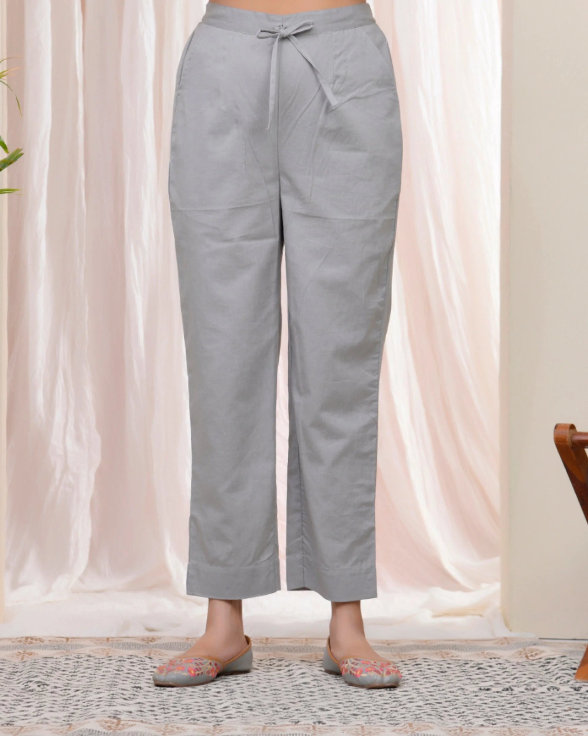 Women Grey Cotton Flax Solid Straight Pants