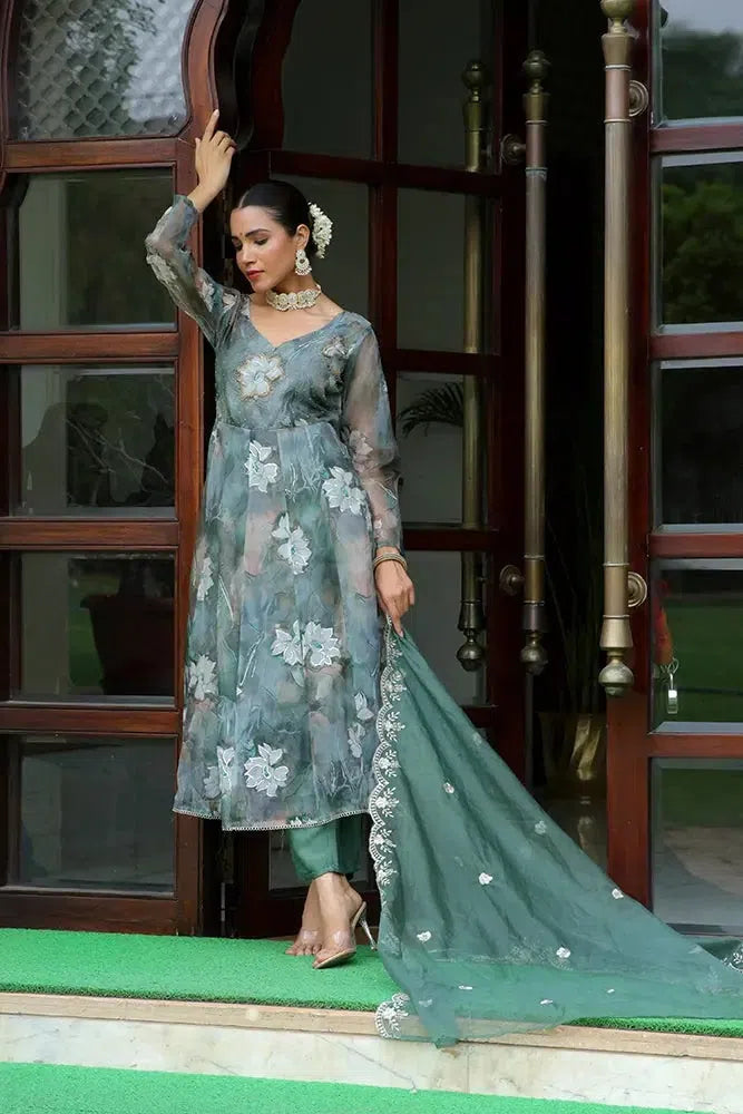 Women Green  Embroidered Anarkali Kurta With Solid Pant & Dupatta-130-Vaas-Green