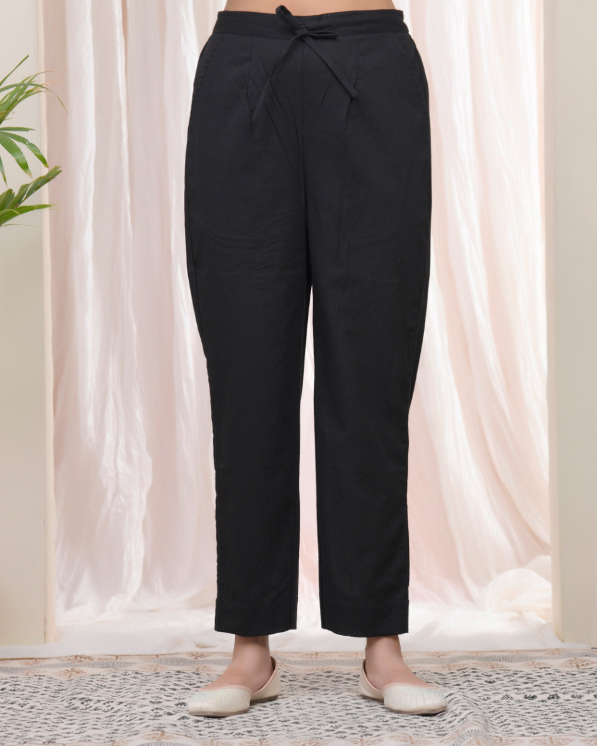 Women Black Cotton Flax Solid Straight Pants