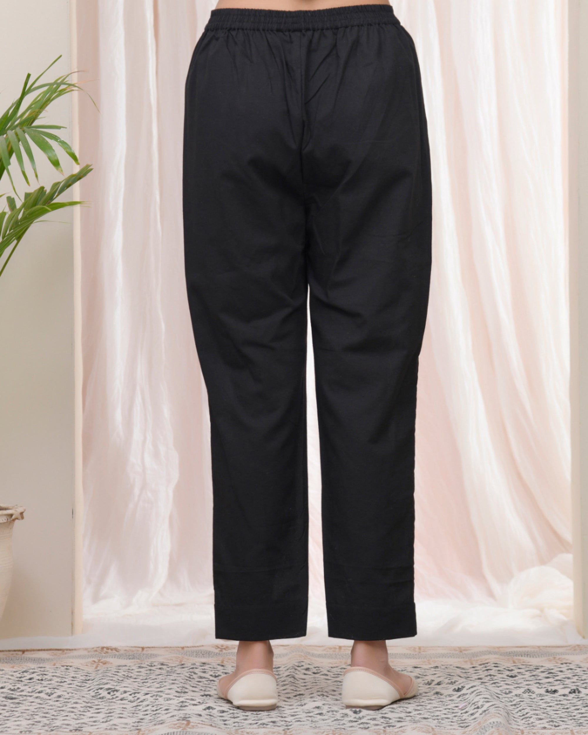 Women Black Cotton Flax Solid Straight Pants