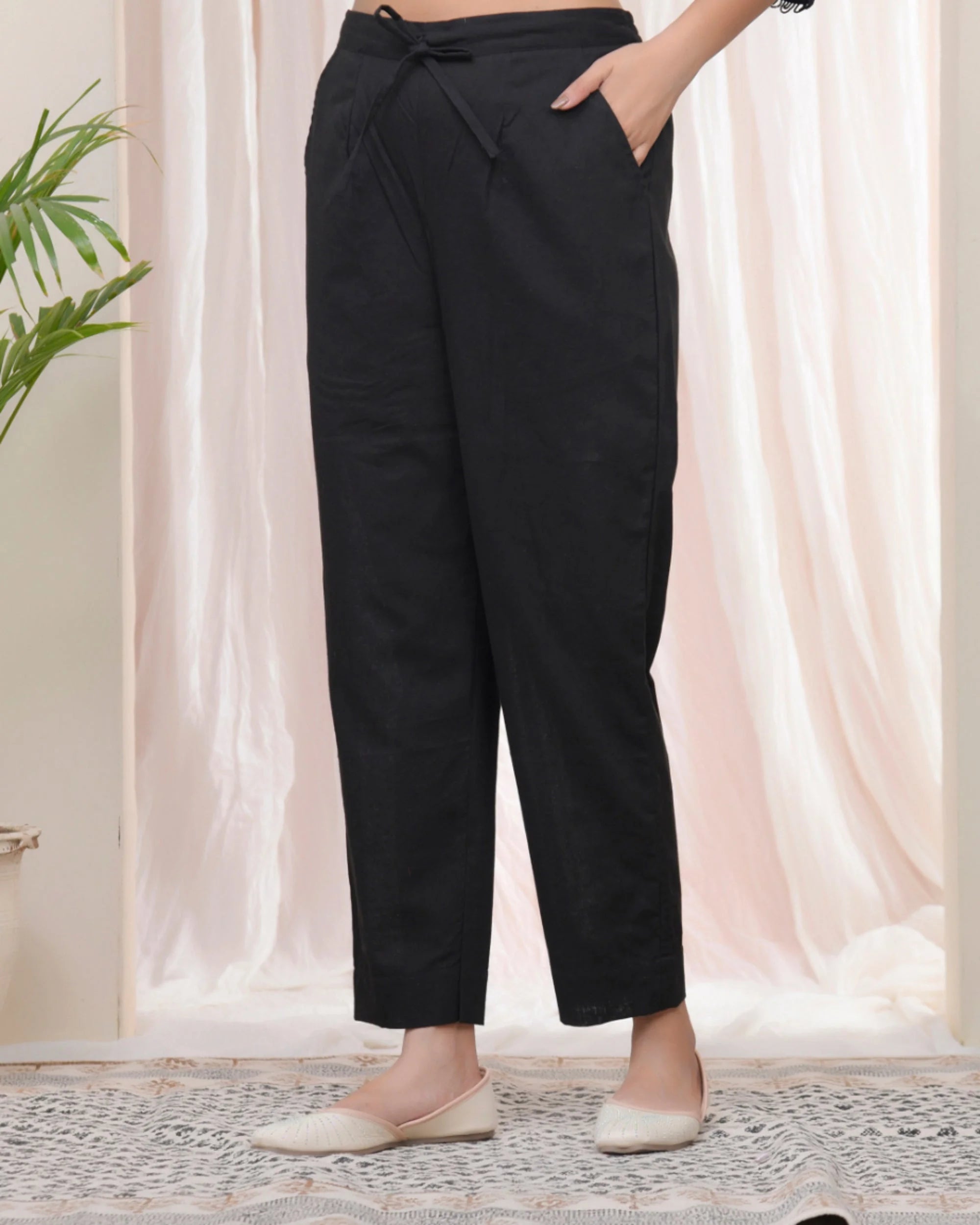 Women Black Cotton Flax Solid Straight Pants