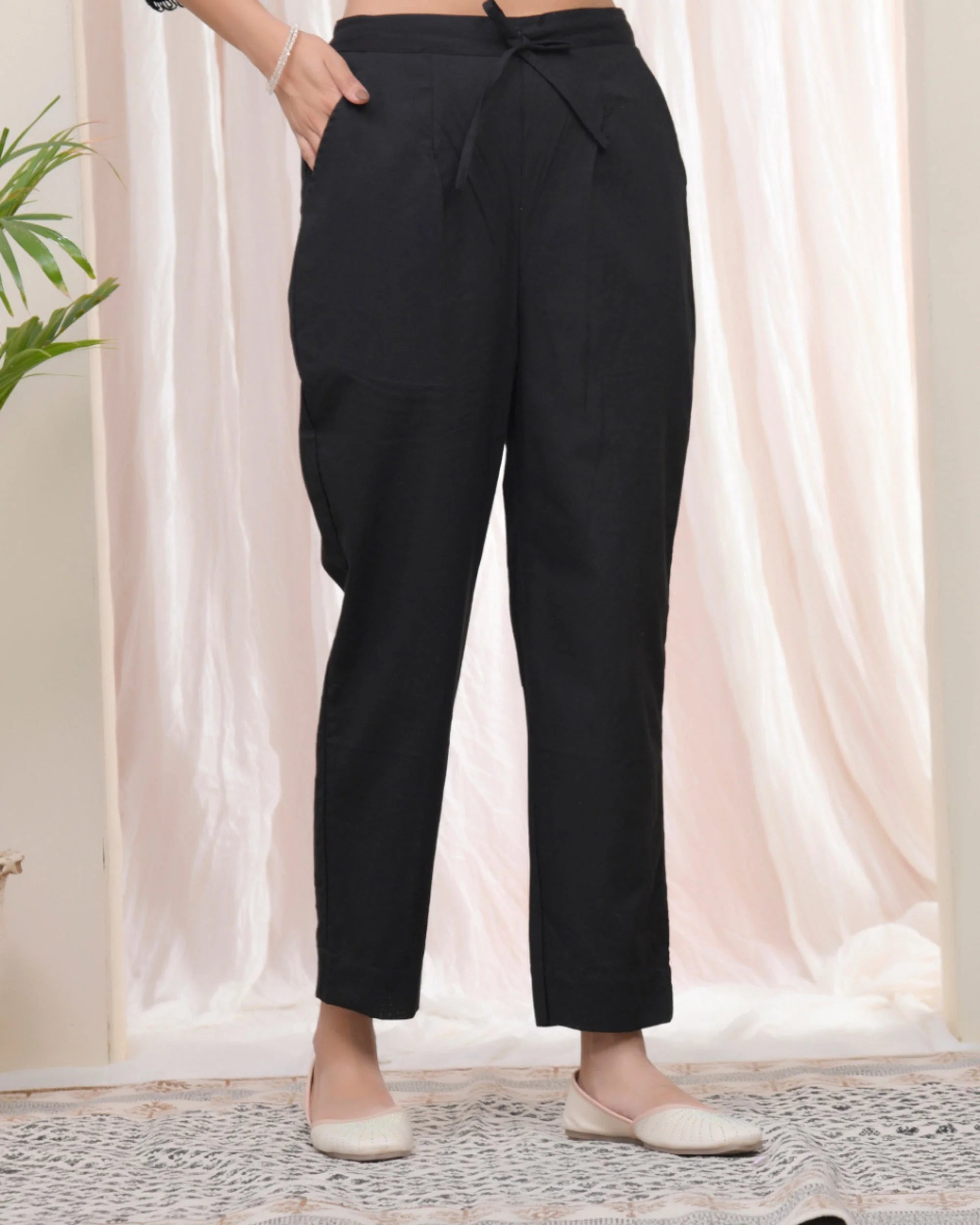 Women Black Cotton Flax Solid Straight Pants