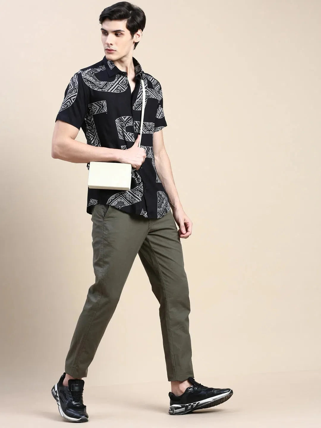 Black Printed Mens Shirt - Cotton Ethnic Motif Casual Shirt