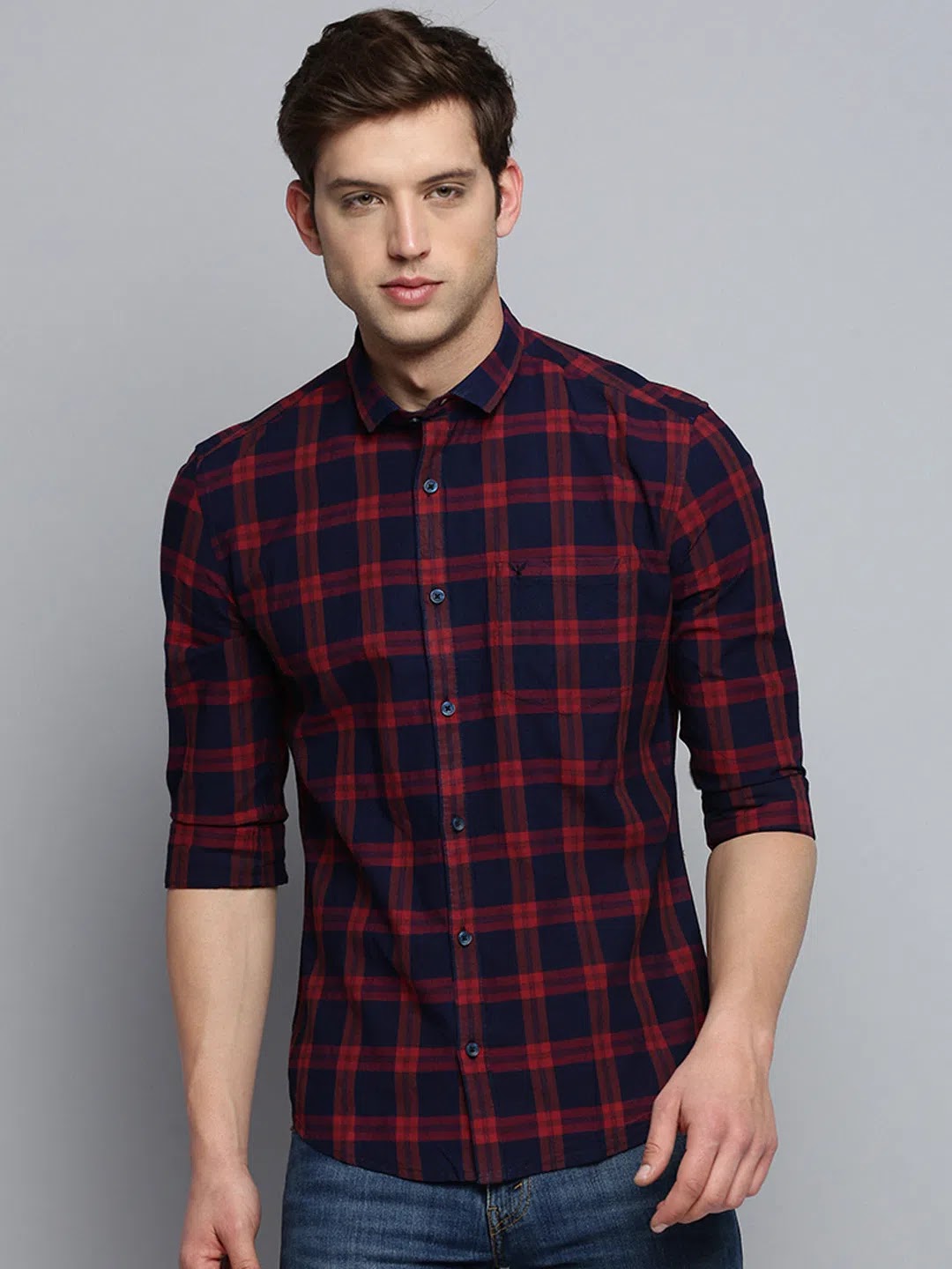 Shop Navy Checked Mens Shirt - DesiQlo Cotton Casual Shirt