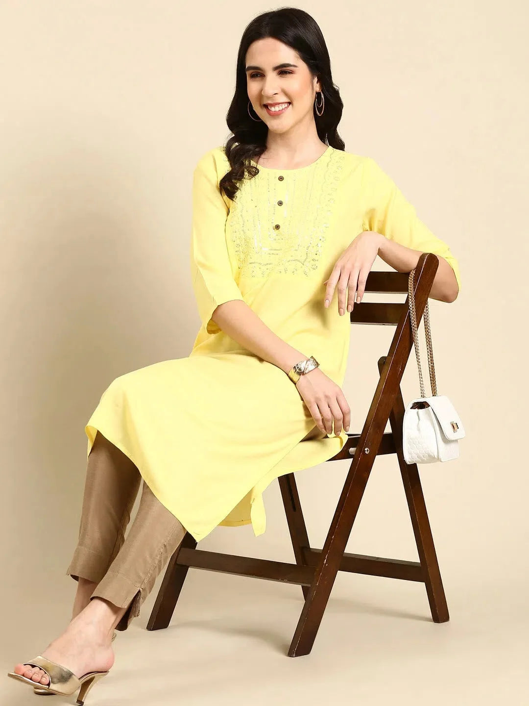 Yellow Embellished Kurta - Women's Cotton Indian Kurtis Style