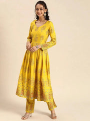 Box Pleated flare kurta with palazzo in Yellow
