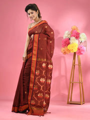 Maroon Cotton Blend Handwoven Saree With Floral Motifs-MA51BCT431600002